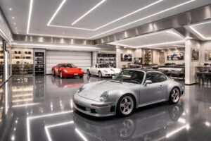 découvrez un garage dédié à la passion automobile, transformé en un showroom design équipé d'un éclairage led moderne et d'un revêtement epoxy élégant pour mettre en valeur vos véhicules.